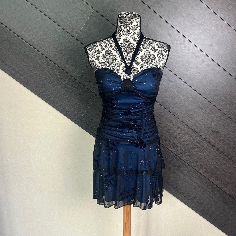 Deb Women's Halter Mini Dress Blue Black Glitter Floral Mesh Size Small Y2K